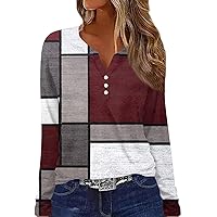 Plaid Button Down Shirts for Women Long Sleeve V Neck Henley Tee Shirt Casual Soft Work Blouses Loose Fit Tees