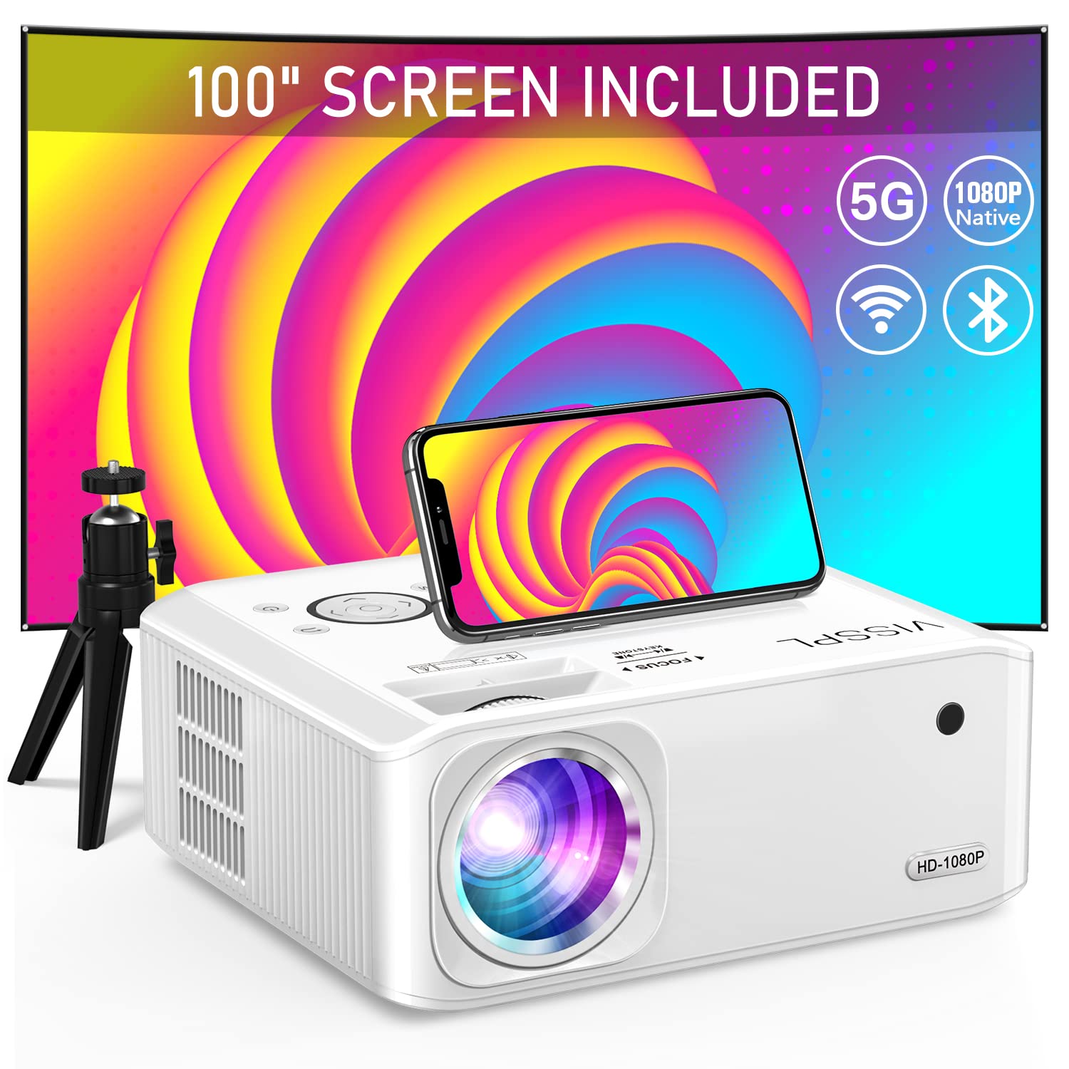 [Electric Focus] Projector with WiFi and Bluetooth, 6D/4P Keystone 15000L VISSPL 5G Native 1080P Projector 4K Support, 50% Zoom Outdoor Movie Projector for iOS & Android Phone, Laptop, HDMI,USB,TV Box