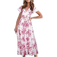 Women's Bohemian Beach V-Neck Trendy Dress Foral Print Hawai Casual Summer Swing Sleeveless Long Floor Maxi Flowy Pink