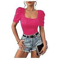 MakeMeChic Women's Summer Casual Puff Sleeve Square Neck Tee Shirt Top Short Sleeve Slim Fit Textured Tee Shirt