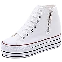 Womens Platform Shoes Hidden Wedge 4 Inches Height Increase, High Top Canvas Sneakers High Heel White Black Fashion Sneakers for Women and Girls