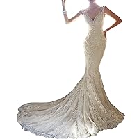 Women Sexy Mermaid Lace Wedding Dresses for Bride with Court Train