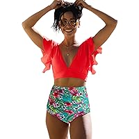 SPORLIKE Women Ruffle High Waist Swimsuit Two Pieces Push Up Tropical Print Bikini