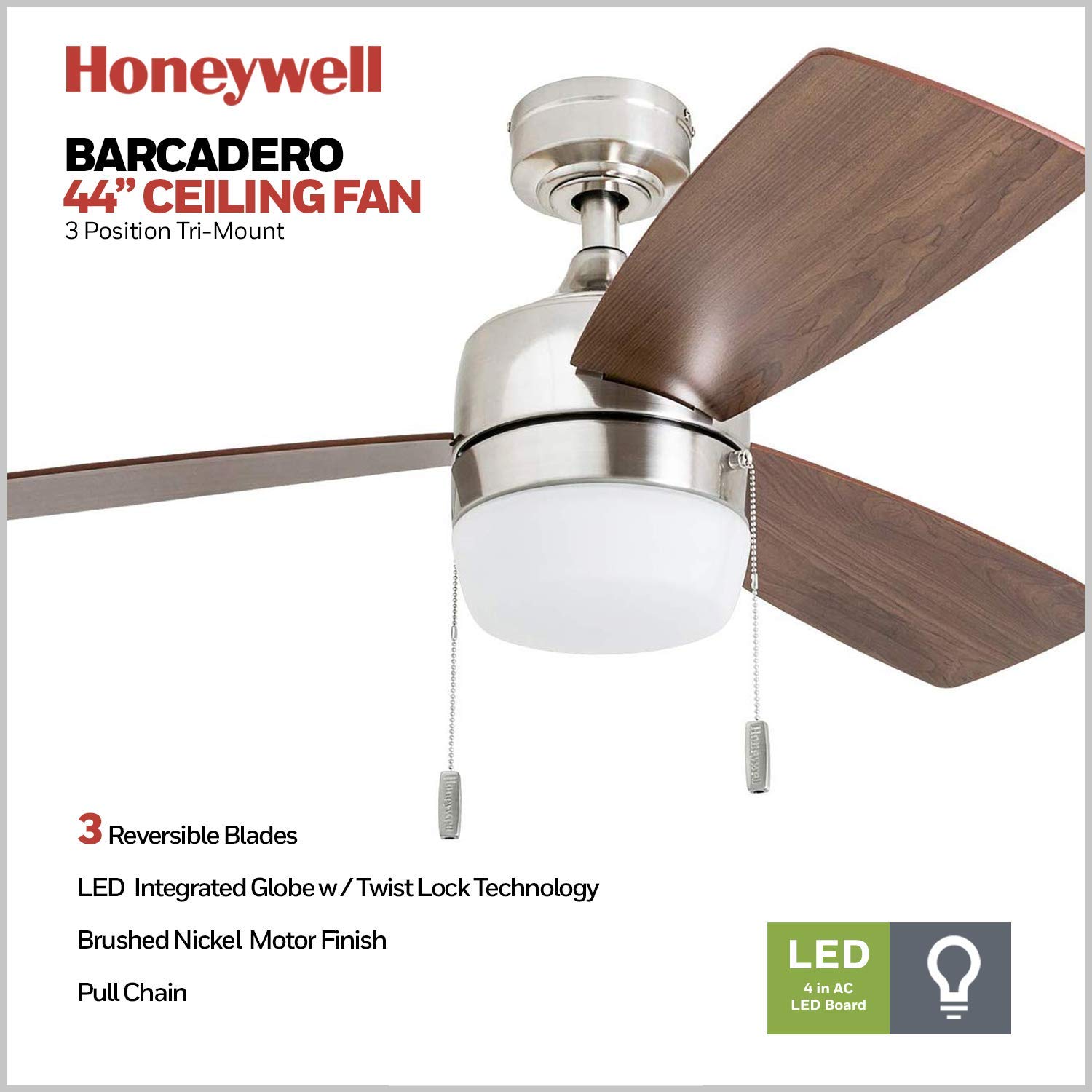 Honeywell Ceiling Fans Barcadero, 44 Inch Contemporary Indoor LED Ceiling Fan with Light, Pull Chain, Dual Mounting Options, Dual Finish Blades, Reversible Motor - 50616-01 (Brushed Nickel)