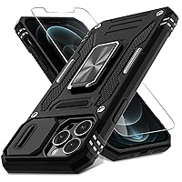 DEERLAMN for iPhone 13 Pro Max Case with Slide Camera Cover+Screen Protector(1 Pack),Rotated Ring Kickstand Military Grade Shockproof Protective Cover 6.7 Inch-Black