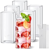 6 Pieces Square Drinking Glasses 13 oz Square Glass Cups Modern Highball Glasses Thin Cute Cocktail Glasses Glassware with Straws and Straw Brushes for Coffee Water Juice Beer Mixed Drink Tumbler