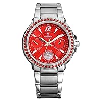 Women's Calendar Red Dial Stainless Steel Band Quartz Waterproof Wrist Watches 2902-S1