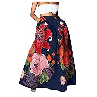 Maternity Dresses,Women Bohemian Floral Print Maxi Skirt High Waist Pocket Party Beach Long Skirt Summer Dress