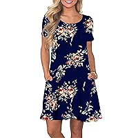 TYQQU Women's Casual Summer Floral Print Tee Shirt Flowy Comfy Dresses Short Sleeve Swing Sundress with Pockets