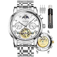 OLEVS Mens Automatic Watches Skeleton Mechanical Self Winding Luxury Dress Wrist Watch Moon Phase Day Date Waterproof Luminous Two Tone Watches Gifts