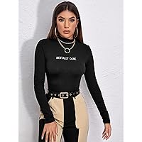 Women's Tops Shirts Sexy Tops for Women Mock Neck Embroidery Letter Form Fitted Tee Shirts for Women (Color : Black, Size : Large)
