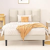 VECELO Twin Size Platform Bed Frame with Adjustable Velvet Upholstered Headboard, Mattress Foundation with Wooden Slats Support, No Box Spring Needed, Noise-Free, Easy Assembly, Beige