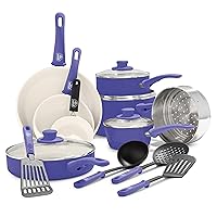 GreenLife Soft Grip Healthy Ceramic Nonstick 16 Piece Kitchen Cookware Pots and Frying Sauce Saute Pans Set, PFAS-Free with Kitchen Utensils and Lid, Dishwasher Safe, Periwinkle