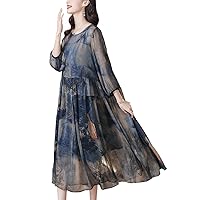 Women's Vintage Elegant Mulberry Silk Print Dresses Summer 3/4 Sleeve Crew Neck Casual Loose Cocktail Party Prom Long Dress
