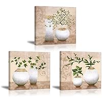 3 Piece Wall Art for Bathroom/Hallway, SZ HD Elegant Canvas Painting Prints of Green Spring Plants in Vases on Beige/Tan Picture (Waterproof Decor, Ready to Hang, 12x12 x3)