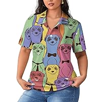 Colorful Meerkats Short Sleeve Polo Shirts for Women Casual Button Collar T Shirts Blouse Tennis Tops Tees