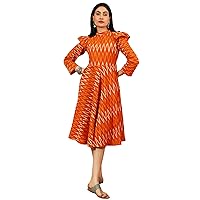 Womens Ikat Orange Cotton Midi Dress