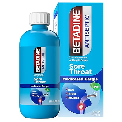 Betadine Antiseptic Medicated Gargle, Povidone-Iodine 0.5%, Treat and Relieve Sore Throat Symptoms, Temporarily Reduces Germs Normally Found in The Mouth, Mint Flavor, 8 FL OZ