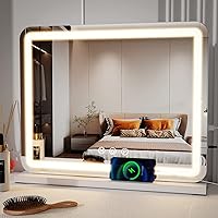 Vanity Mirror with Lights, 23 Inch Large Makeup Mirror with LED Lights, Smart Touch Dimmable 3-Color Light, Memory Function, USB Charging Port, and Magnifying Glass
