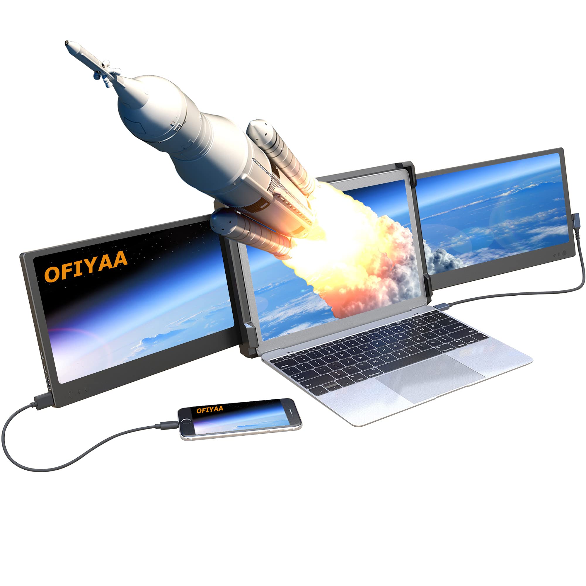 OFIYAA P2 12" Display Triple Portable Fold Monitor Laptop Monitor Extender FHD 1080P IPS 270° Plug and Play 4 Speakers Dual Monitor Laptop for ...