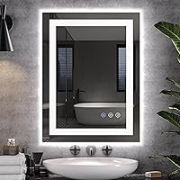 24X32 inch LED Bathroom Mirror, Black Framed Gradient Front and Backlit LED Vanity Mirror for Bathroom, 3 Colors Dimmable, Double Wall Mirrors with Anti-Fog, Shatter-Proof, Memory Function (24x32)