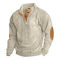 Mens Corduroy Shirt with Elbow Patches Button Up Mock Neck Long Sleeve Sweaters Casual Polo Sweatshirts