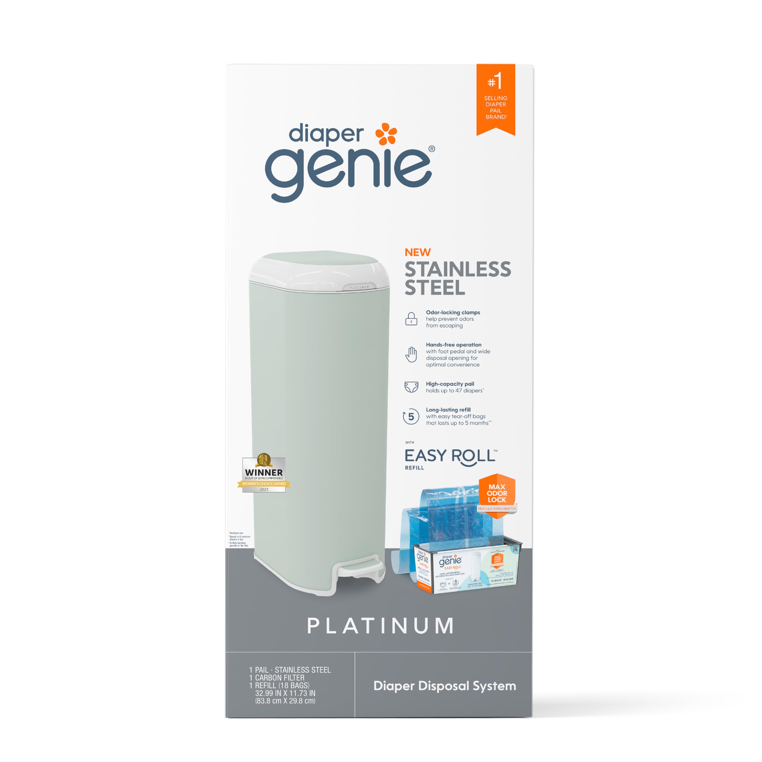 Diaper Genie Platinum Pail (Sage Green) is Made in Durable Stainless Steel and Includes 1 Easy Roll Refill with 18 Bags That can Last up to 5 Months.