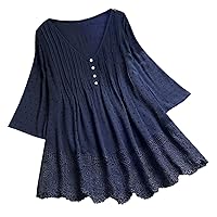 Women's Lace Linen Crinkle Gauze Shirts Summer Bell Sleeve Vintage Plus Size Peplum Loose Fit Casual Tops 3/4 Sleeve