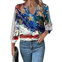 Women's 3/4 Sleeve Loose Casual V-Neck Top Printed Lace Hollow Sleeve T-Shirt Summer Workout Shirts for Women