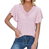 Eyelet Tops for Women, Ladies Casual Sexy Lace V Neck Ruffle Sleeve Women's Summer 2024, S XL