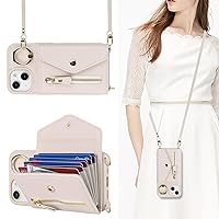for iPhone 13 Case Wallet with Strap for Women - Crossbody Lanyard,Zipper Pocket,Credit Card Holder,Ring Stand - Phone Wallet Case for iPhone 13 (6.1 inch,Beige)