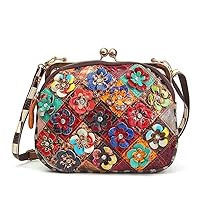Segater 3D Multicolor Floral Purse for Women Shiny Genuine Leather Handbag Kiss Lock Shoulder Bag Colourful Patchwork Satchel