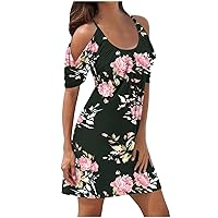 Summer Ruched Short Sleeves Cami Dress Women's Boho Floral Cold Shoulder Tunic Dress Casual Mini Swing Sundress