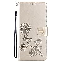 Case for iPhone 14/14 Plus/14 Pro/14 Pro Max, TPU/PU Flip Leather Rose Flower Embossed Wallet Cover, Magnetic Closure Phone Shell with Cash Card Slots,Gold,14 Pro Max 6.7