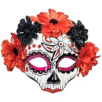 Forum Novelties Women's Day Of Dead Skull Flower Mask, Black/Red, One Size