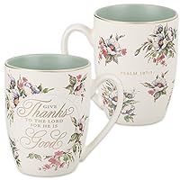 Christian Art Gifts Ceramic Scripture Coffee & Tea Mug 12 oz Inspirational Bible Verse for Women: Give Thanks - Psalm 107:1 Lead-free Multicolor Floral Mug w/Gold, White and Mint Green