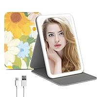 Rechargeable Travel Lighted Makeup Mirror with PU Leather Cover, Portable Travel Makeup Mirror with lights, 3 Color Lighting,Touch Sensor Dimmable, Light Up Tabletop Cosmetic Mirror Folding Flower