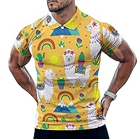 Funny Llama and Cacti Men's Golf Polo-Shirt Short Sleeve Jersey Tees Casual Tennis Tops M