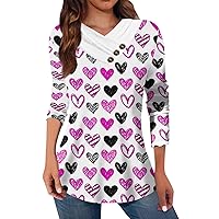 Womens Shirts Long Sleeve, Valentines Red Heart Print Button Tops Holiday V Neck Casual Loose Fit Going Out Blouses