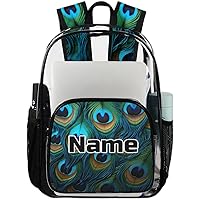 Peacock Feather Print Personalized Clear Backpack Custom Large Clear Backpack Heavy Duty PVC Transparent Backpack with Reinforced Strap