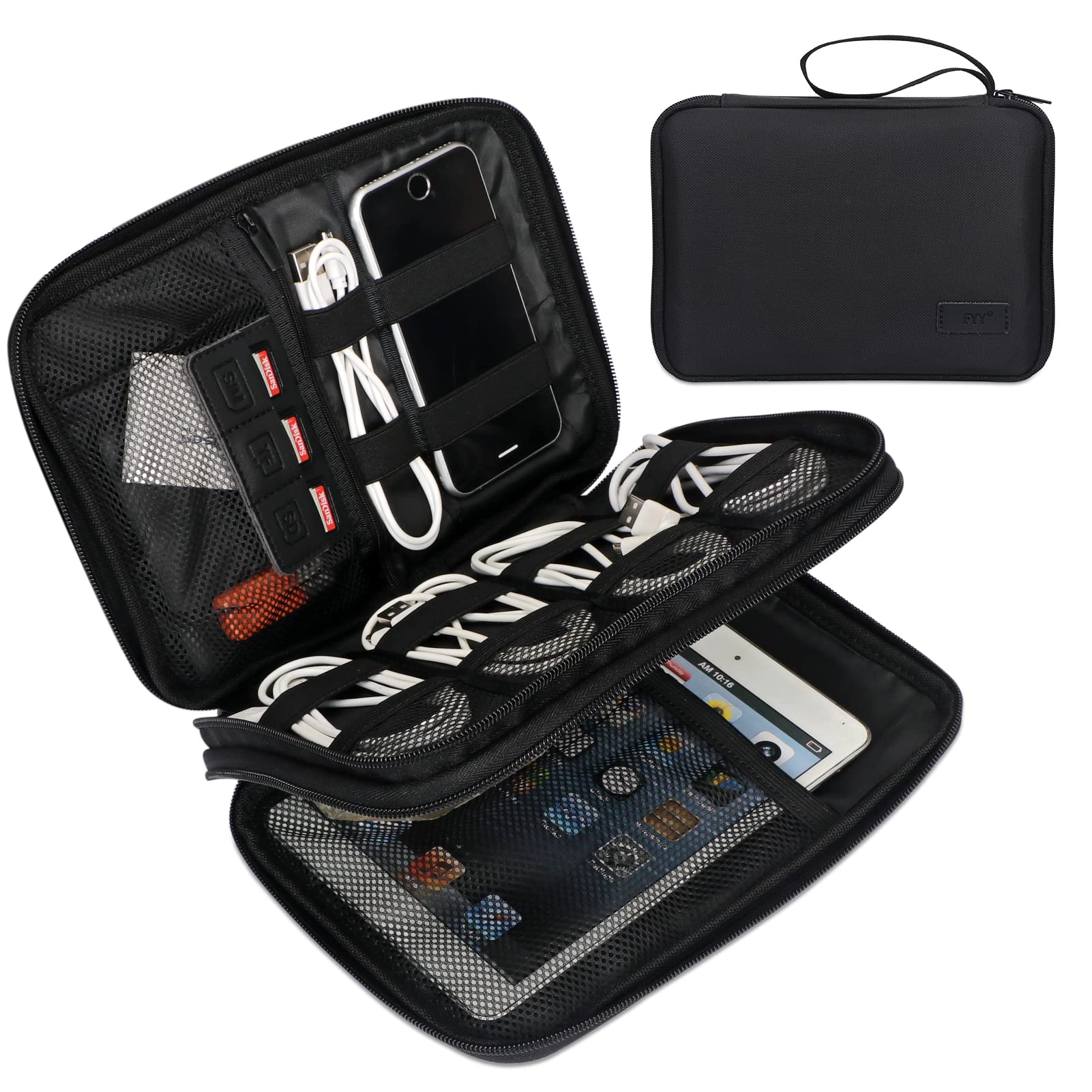 FYY Electronic Organizer, Travel Cable Organizer Bag Pouch Electronic Accessories Carry Case Portable Waterproof Double Layers All-in-One Storage Bag for Cable, Cord, Charger, Phone, Hard Drive,-Black