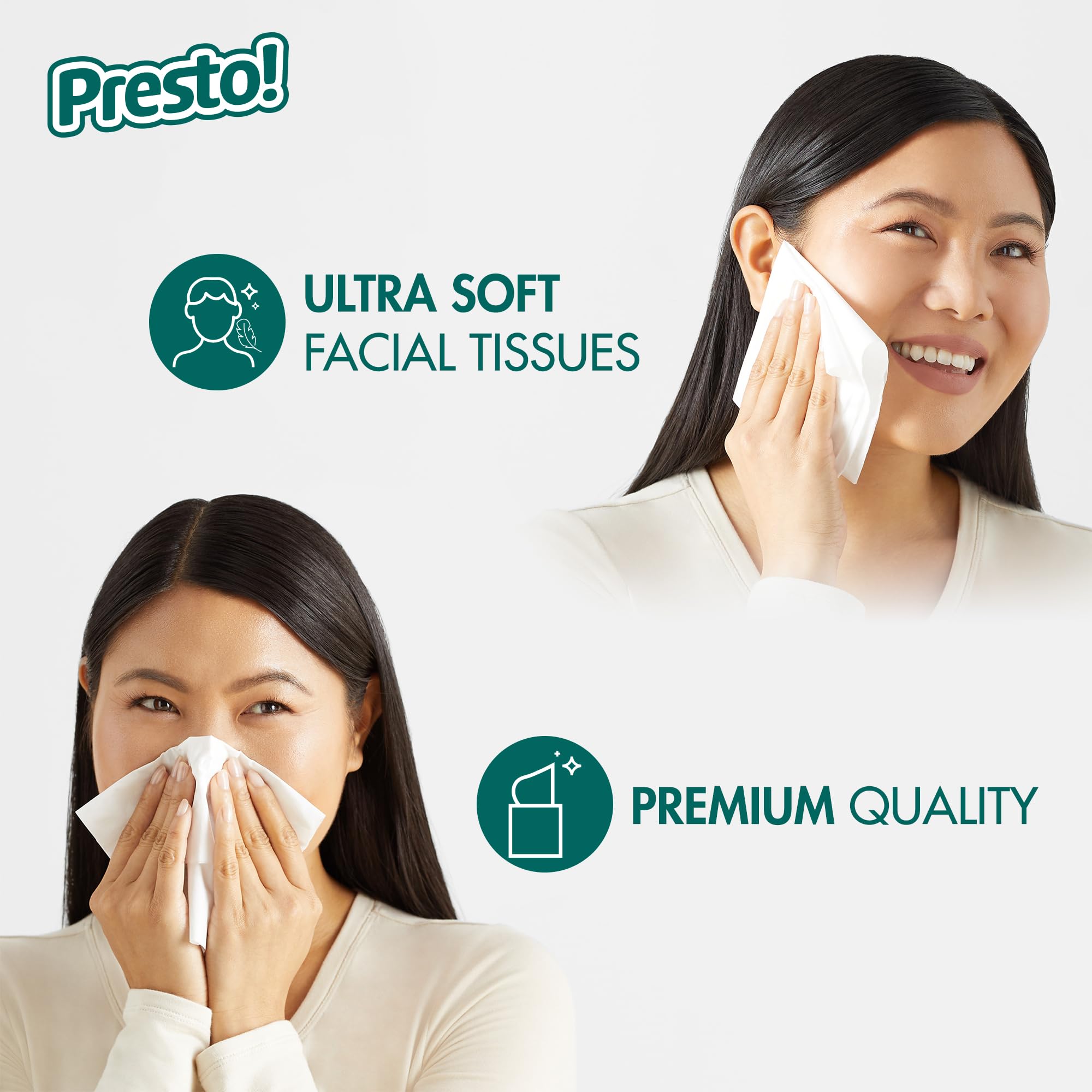Amazon Brand - Presto! Ultra-Soft 3-Ply Premium Facial Tissues, 66 Tissues per Box, 4 Cube Boxes (264 total)