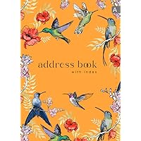 Address Book with A-Z Index: A4 Big Contract & Telephone Notebook Organizer | Alphabet Sections | Large Print | Painted Humming Bird Floral Design Orange