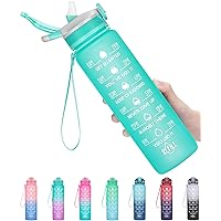 32oz Leakproof Motivational Sports Water Bottle with Straw & Time Marker, Flip Top Durable BPA Free Tritan Non-Toxic Frosted Bottle Perfect for Office, School, Gym and Workout (Turquoise)