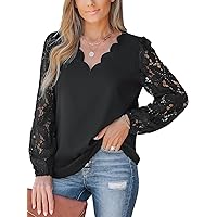CUPSHE Women Floral Lace Scalloped Top Long Sleeve Shirts V Neck Blouses