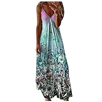 Womens Boho Floral Fashion Casual Cami A-Line Dress Summer Spaghetti Strap Sleeveless V-Neck Flowy Maxi Dresses