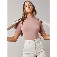 Women's Shirts Women's Tops Shirts for Women Mock Neck Rib-Knit Tee (Color : Dusty Pink, Size : X-Small)