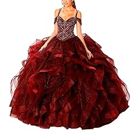 Women's Beaded Bodice Corset Quinceanera Dresses Tiered Skirts Ball Gown
