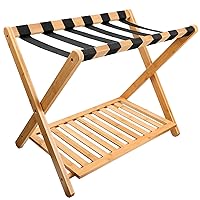 Luggage Rack for Guest Room, Suitcase Stand with Storage Shelf, Bamboo Frame, 6 Nylon Straps, Foldable for Easy Storage