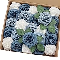 Artificial Flowers 25PCS Real Looking White & Dusty Blue Shades Fake Roses with Stem for DIY Wedding Bouquets Centerpieces Baby Shower Party Home Decorations